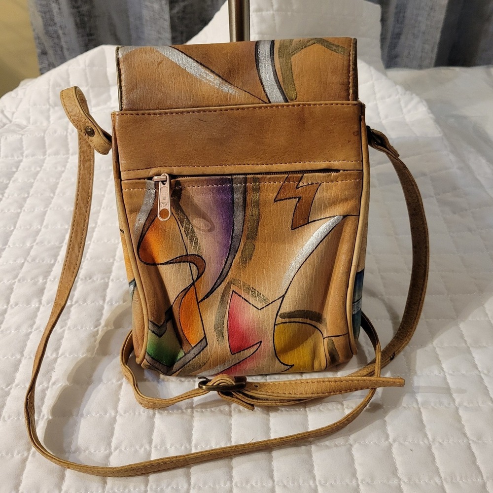 VTG Unique Hand Painted Abstract Art Leather‎ Crossbody Purse Tan Strap 70s 80s - Picture 2 of 10
